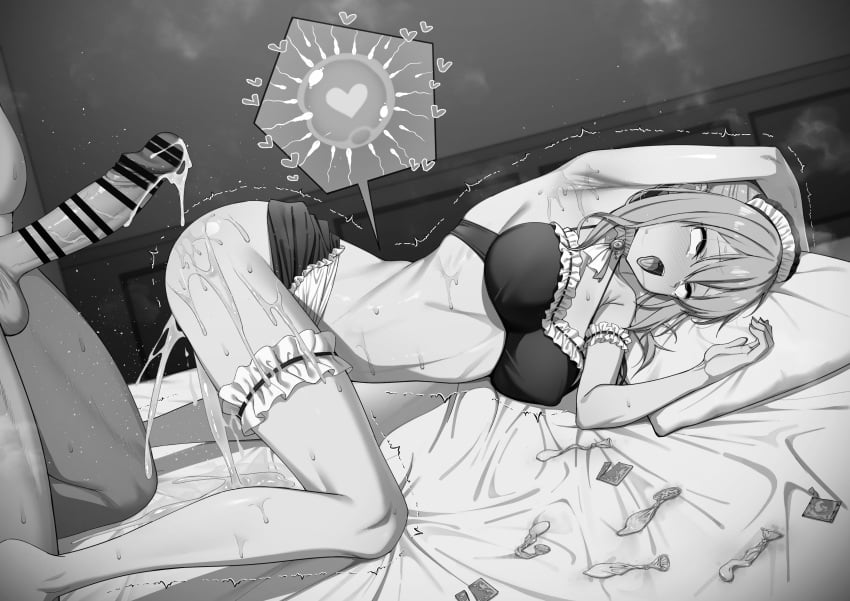 1boy 1girls after_sex after_vaginal ahe_gao bald barefoot bikini blush breasts clothed_female_nude_male commentary_request condom condom_wrapper cum cum_drip cum_in_pussy cum_inside faceless_male female femsub greyscale hayasaka_ai head_on_pillow hi_res human human_female human_male impregnation kaguya-sama_wa_kokurasetai_~tensai-tachi_no_renai_zunousen~ kawaruhi large_breasts lying maid maid_bikini maid_headdress monochrome nude on_bed on_side ovum ovum_with_heart pillow questionable_consent rolling_eyes slim_waist sperm_cell stomach straight swimsuit teenager thighs tongue_out unconventional_maid used_condom x-ray