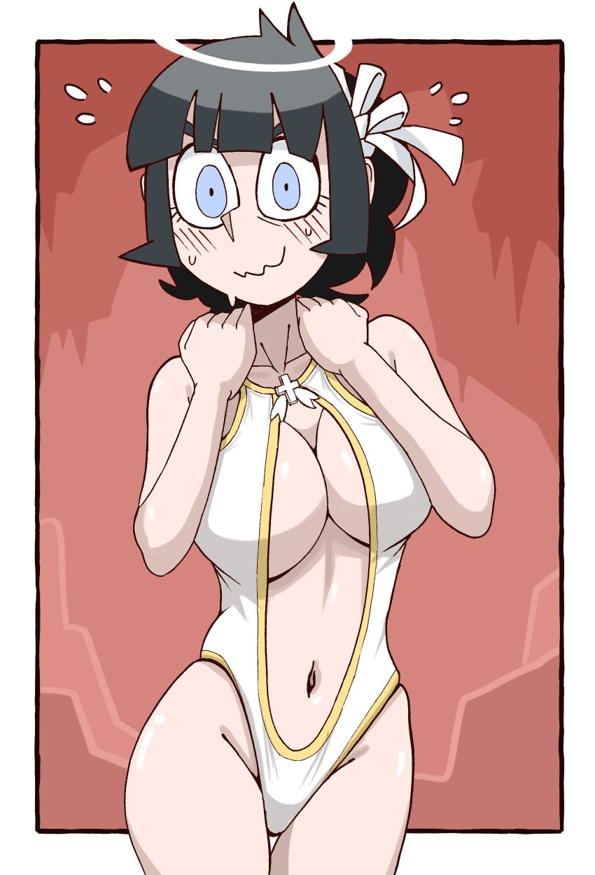 angel angel_girl azazel_(helltaker) black_hair blue_eyes halo helltaker nervous nervous_smile yorunogara
