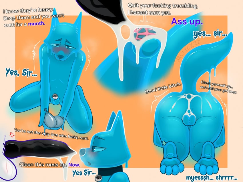 after_anal after_sex animal_genitalia animal_penis anthro arctic_wolf arcticzzz balls blush bodily_fluids canid canine canine_genitalia canine_penis canis chastity_cage chastity_device collar condom cuckold cum cum_drip cum_in_ass cum_inside cum_on_balls cum_on_penis dialogue dominant dominant_male dripping duo faceless_character feet filled_condom flat_chastity_cage genital_fluids genitals goo_creature goo_drip goo_humanoid humanoid humiliation implied_cuckold male mammal motion_lines musk paws penis sexual_barrier_device slime steam submissive submissive_male text thorn_(arcticzzz) wolf