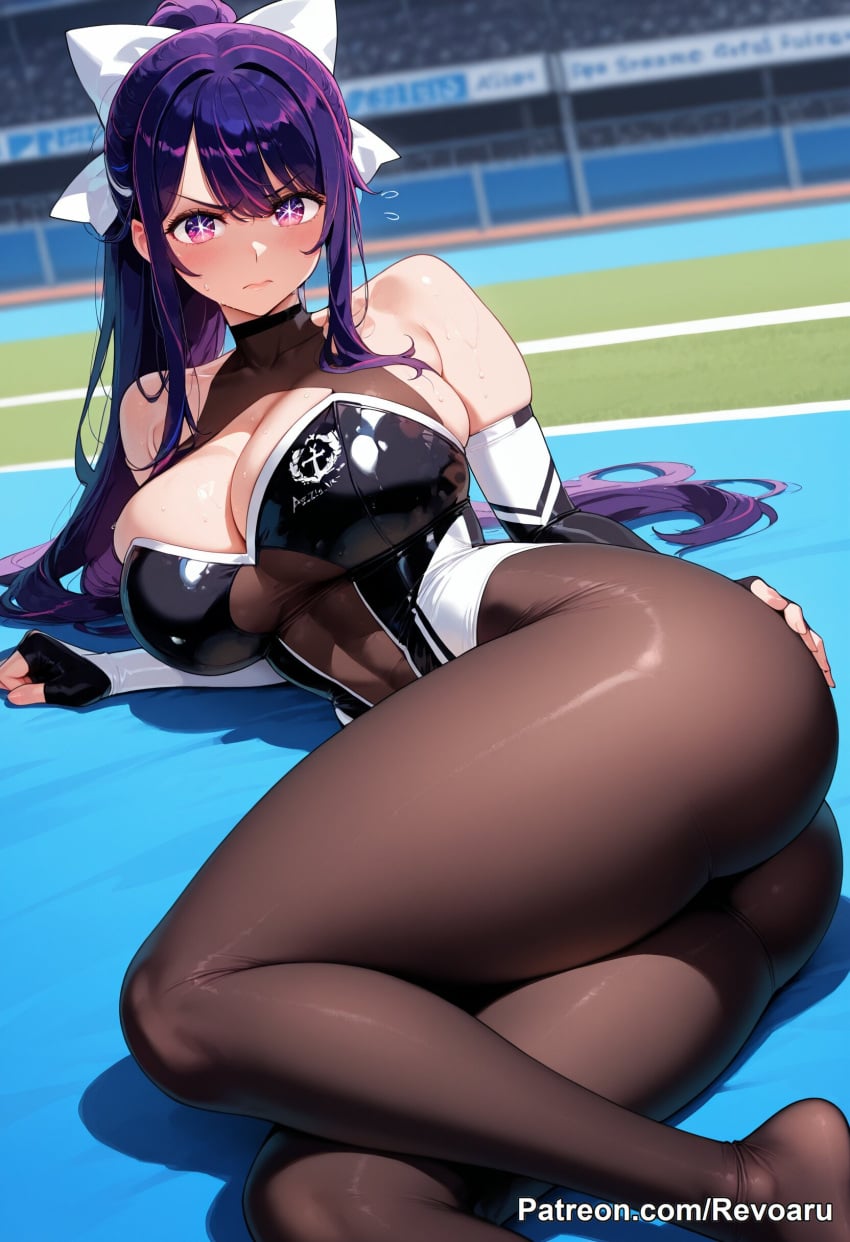 1girl ai_generated big_breasts female hoshino_ai huge_breasts idol mature_female oshi_no_ko purple_hair race_queen revoaru thick_thighs thighs