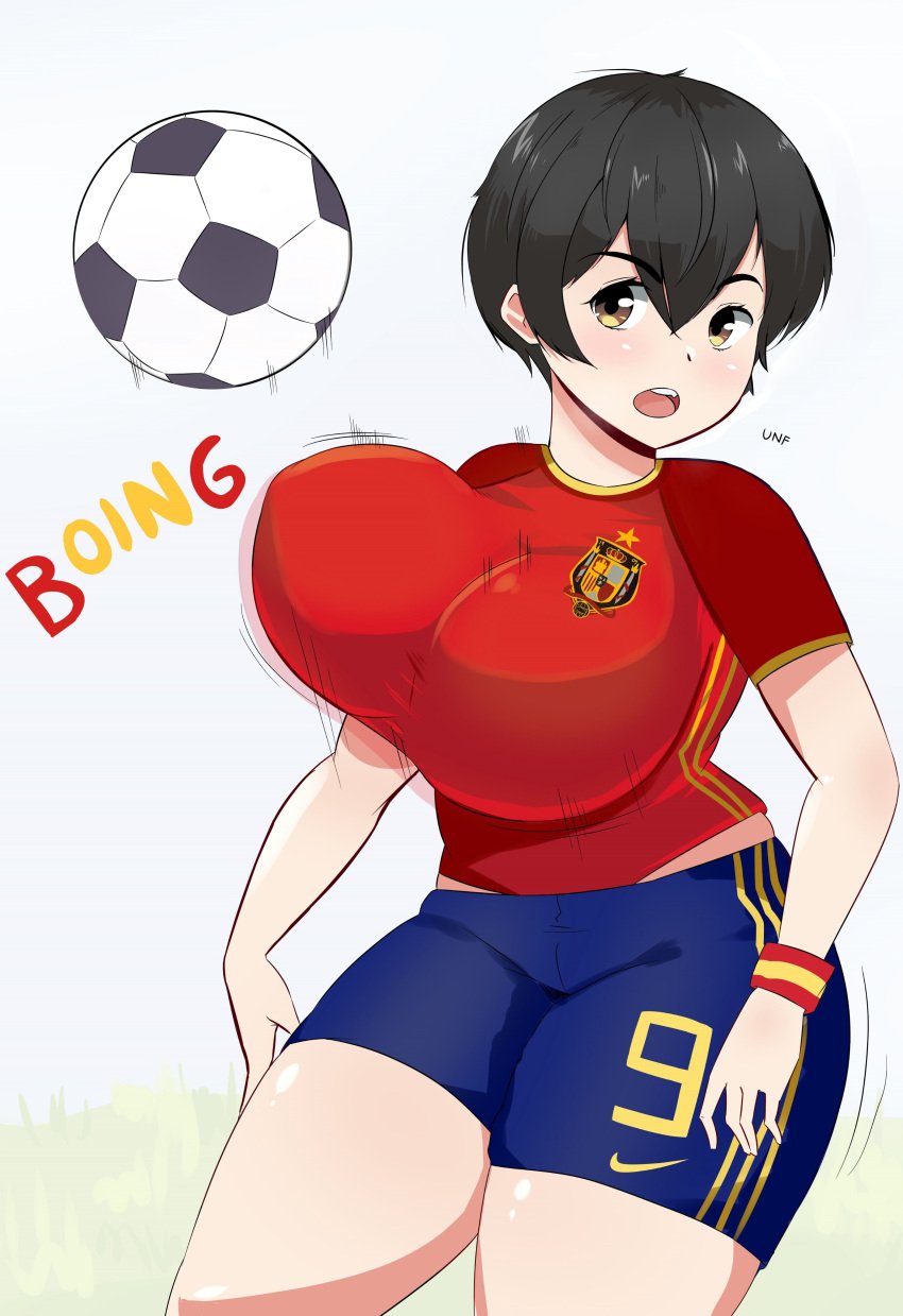 1girls big_breasts black_hair bouncing_breasts breasts clothed clothes clothing cuteakita female female_only football football_uniform fully_clothed huge_breasts human human_only humanoid humor large_breasts mammal simple_background solo solo_female text voluptuous white_background