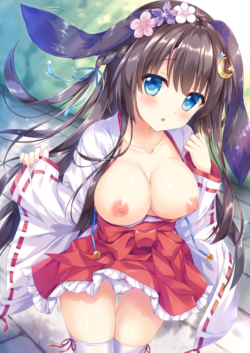 absurdres ameto_yuki animal_ears black_hair blue_eyes blush breasts breasts_out cameltoe cleavage clothes_lift exposed_breasts female flower hair_flower hair_ornament hakama hakama_skirt highres japanese_clothes large_breasts long_hair miko nipples noir_(ameto_yuki) open_shirt original panties pussy ribbon-trimmed_sleeves ribbon_trim shy skirt skirt_lift thighhighs underwear white_thighhighs wide_sleeves