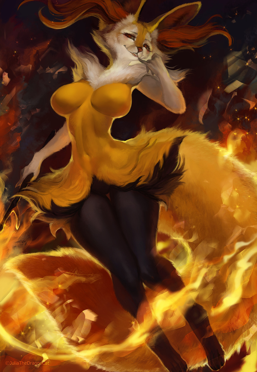 1girls anthro big_breasts bottom_lip braixen detailed_background fire fluffy_tail game_freak juliathedragoncat looking_at_viewer multicolored_fur nintendo pokémon_(species) pokemon pokemon_(species) red_eyes solo thick_thighs thigh_gap