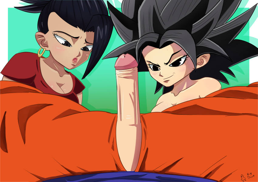 1boy 2girls bigduck caulifla dragon_ball dragon_ball_super female female_saiyan handjob kale male multiple_girls penis saiyan son_goku universe_6/universe_7 universe_6_saiyan/universe_7_saiyan