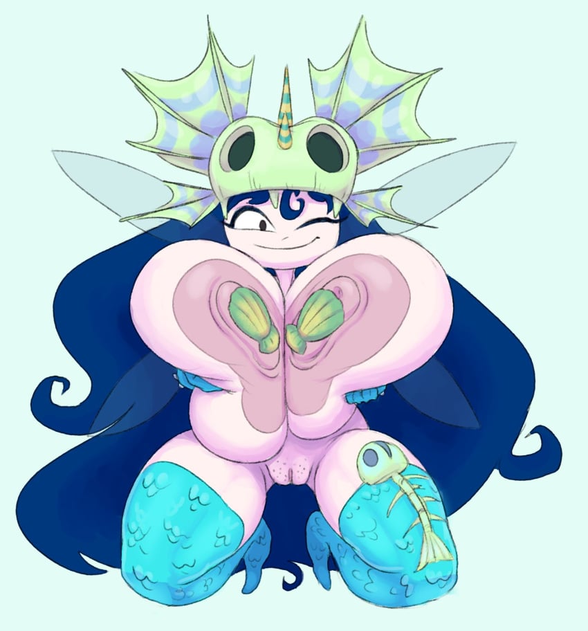 1girls annetta_fish_(rayman) areola areolae big_areola big_areolae big_breasts big_nipples blue_armwear blue_hair blue_stockings breasts covered_nipples fairy_wings female female_only fish_bone fish_scales front_view holding_breasts huge_areola huge_areolae huge_breasts huge_nipples long_hair looking_at_viewer nipples nymph_(rayman) on_knees pink_areola pink_areolae pink_nipples puffy_areola puffy_areolae puffy_nipples pussy rayman_(series) rayman_origins scales shaved_pussy shell_bikini shell_bra simple_background skull skull_helmet smile smiling smiling_at_viewer soft_breasts solo solo_female spread_legs stockings thick_thighs vr457 wings wink winking_at_viewer