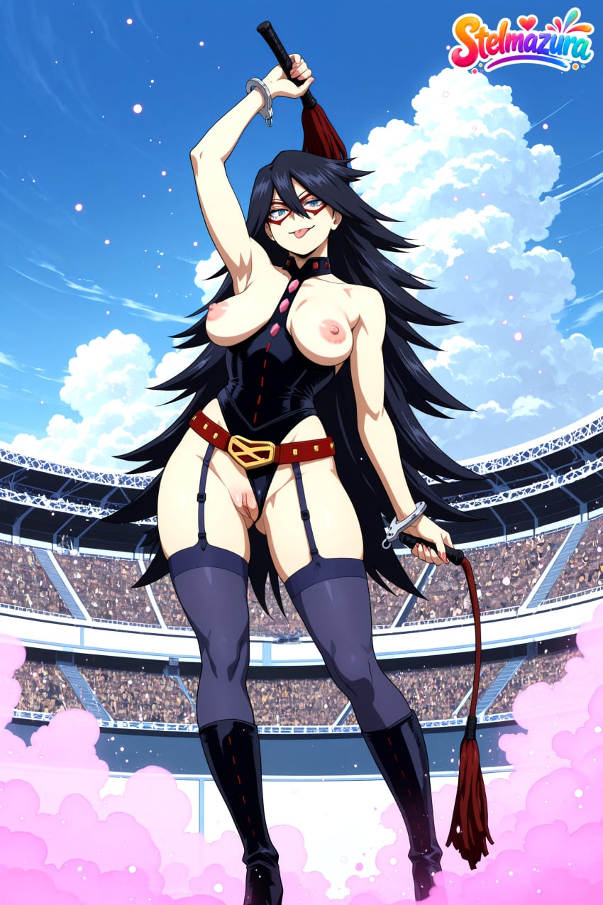 1girl :p ai_assisted ai_generated arm_up ass_visible_through_thighs belt black_footwear black_hair blue_eyes blue_sky boku_no_hero_academia boots breastless_clothes breasts cloud cuffs day dominatrix domino_mask garter_straps handcuffs hero_outfit_(mha) high_heel_boots high_heels holding_whip large_breasts leotard long_hair looking_at_viewer mask midnight midnight_(my_hero_academia) mole mole_under_eye my_hero_academia nipples outdoors patreon pussy sky smile solo stelmazura thighhighs tongue tongue_out uncensored very_long_hair whip