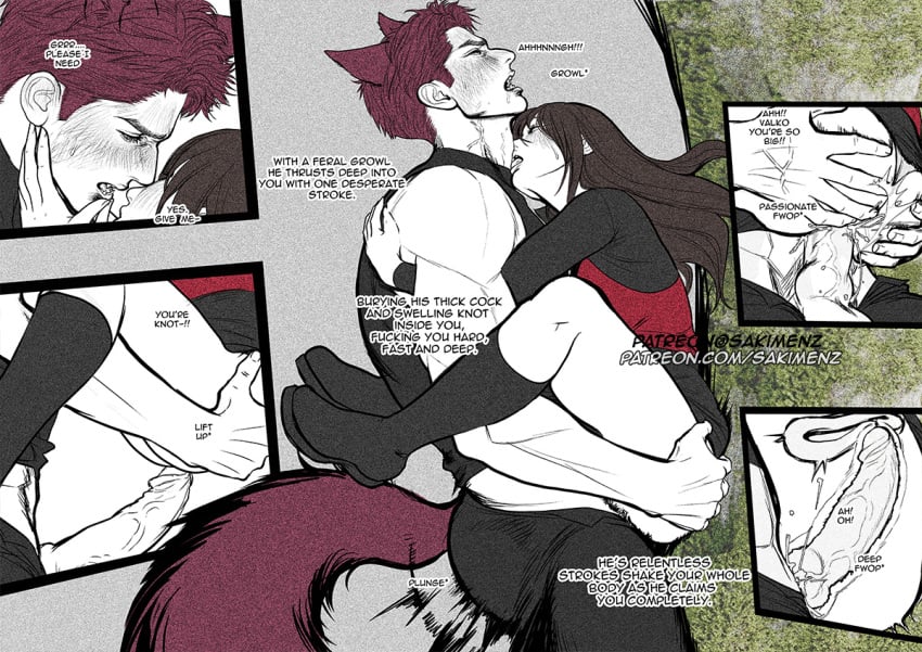 1boy 1girls 2d 2d_(artwork) ass ass_grab big_penis brown_hair clothed_sex cum cum_in_pussy cum_inside english_dialogue english_text fangs handsome_man licking_neck love_and_deep_space male_moaning moaning muscular_male protagonist_(love_and_deep_space) pussy red_hair sakimichan sex size_difference stand_and_carry_position straight vaginal_penetration vaginal_sex valko_(love_and_deep_space) video_games werewolf wolf_boy wolf_ears wolf_tail x-ray