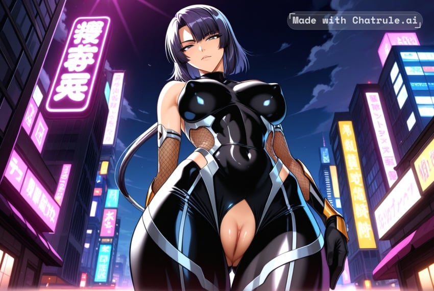 1girls ai_assisted ai_generated armor bare_shoulders black_bodysuit black_hair bleach city cityscape clouds cowboy_shot crotchless curvy dark_theme detailed_pussy elbow_gloves fishnets gloves grey_eyes high_contrast kagami_hirotaka koukawa_oboro looking_at_viewer neon_lights night night_sky outdoors soft_shading soifon sui-feng taimanin_asagi_zero taimanin_suit thigh_gap visible_pussy
