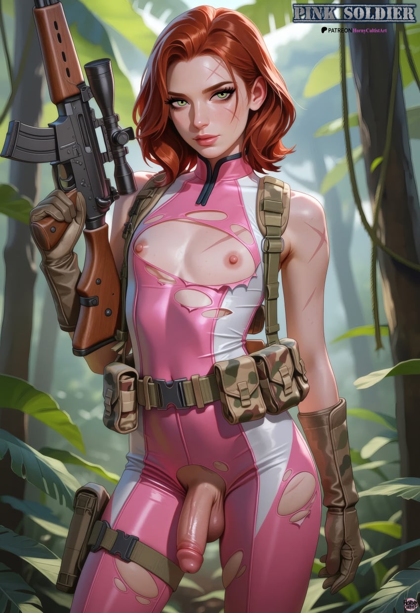 ai_generated femboy flat_chest horny_cultist_artist medium_hair military_uniform nipples patreon penis red_hair ripped_bodysuit scars soldier testicles torn_clothes trap