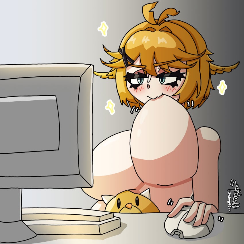 1girls ahoge blonde_hair computer_monitor computer_mouse dokibird dragoon_(dokibird) flushed_face head_wings indie_virtual_youtuber large_breasts looking_at_computer sucking_breasts sucking_nipple sucking_own_breasts sucking_own_nipple vtuber