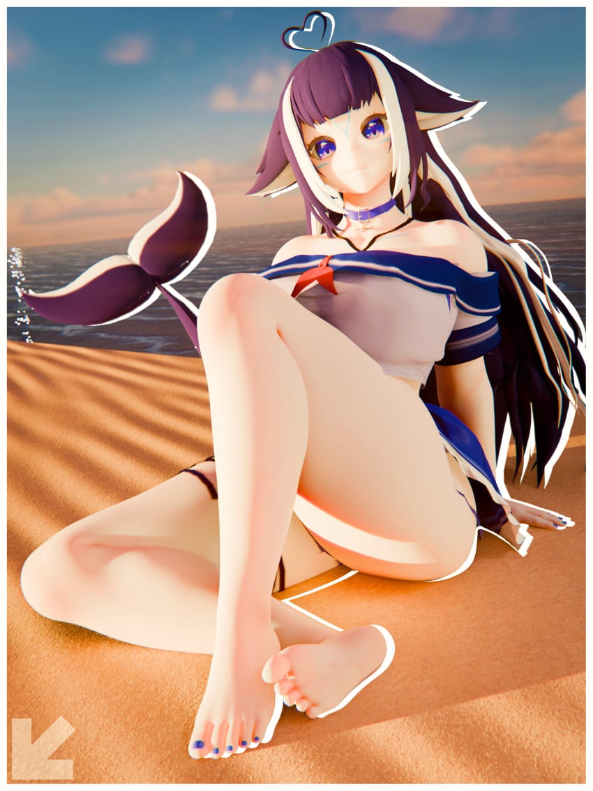 1girl 3d 3d_art 3d_render animal_ears barefoot beach black_hair blue_sky blue_toenails bottom_view breasts choker cleavage clothing cloud collar explicit feet female highres large_breasts low_angle monster_girl ocean open_clothes open_shirt orca_ears orca_girl orca_tail outdoors painted_toenails purple_eyes purple_hair sailor_shirt sailor_uniform sand sea shylily sitting sky sole solo tail toes twitch visiuun vtuber water_reflection whale_tail white_hair