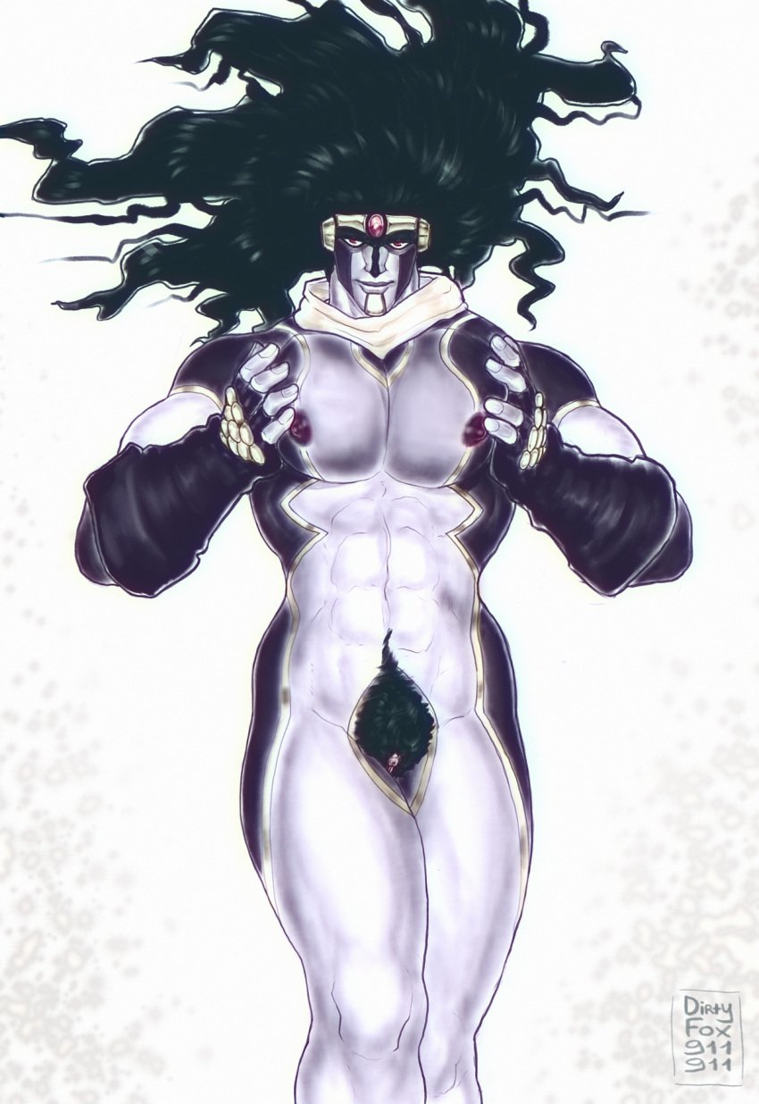 black_hair breast_grab breast_squeeze commission cuntboy cuntboy_only fingerless_gloves humanoid intersex jojo's_bizarre_adventure long_hair miserdirt muscles pubic_hair puffy_nipples stand_(jjba) star_platinum stardust_crusaders stardust_crusaders_(ova)