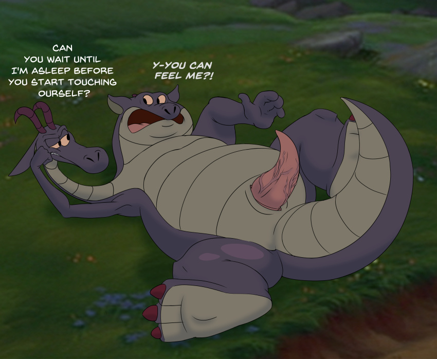 2_heads absurd_res annoyed_expression anthro big_tail black_pupils bob-jiggles cornwall_(quest_for_camelot) devon_(quest_for_camelot) dialogue dragon duo edited_screencap english_text erection feet genitals hand_on_face hi_res hindpaw horn hydra_problems laying_on_grass laying_on_ground long_horn long_neck lying male male/male masturbation multi_head on_back open_mouth paws penis pupils purple_body quest_for_camelot_(film) raised_tail red_eyes scales scalie shaded short_horn sibling spread_legs spreading surprised_expression text tongue vein veiny_penis warner_brothers