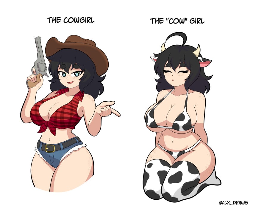 1girl alxdraws ass big_ass big_breasts black_hair blue_eyes breasts claire_(alxarts) cow_bikini cowgirl_outfit female_only gun high_resolution holding_gun holding_object massive_breasts short_hair thick_thighs