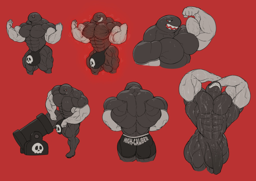 1boy abs ass balls banzai_bill bara big_balls big_bulge big_penis bulge bullet_bill flaccid flexing full_body gay hunk male male_only mario_(series) multiple_views muscle_growth muscles muscular muscular_male nintendo nude penis red_background ripped-saurian semi-erect simple_background solo solo_male standing sweat sweating_profusely sweaty