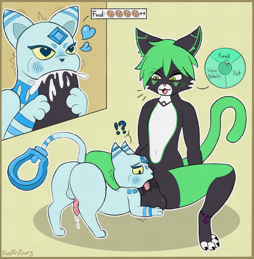 4_toes absurd_res aevyn animal_genitalia animal_penis anklet anthro anthro_on_feral balls bestiality black_body black_claws black_fur blue_body bodily_fluids butt claws cum cum_feeding cum_in_mouth cum_inside domestic_cat duo exclamation_point facial_markings feet felid feline feline_genitalia feline_penis felis fellatio feral feral_penetrated fur fwuffydurg gameplay_mechanics genital_fluids genitals green_eyes green_hair green_markings green_tail hair head_markings heart_eyes heart_symbol hi_res humanoid_genitalia humanoid_penis jewelry looking_at_another looking_at_partner male male/male male_only mammal markings masturbation mau_cryst multicolored_body nude on_ground open_mouth oral pal_(species) palworld penetration penile penis perineum pink_nose pocketpair question_mark saliva saliva_on_penis sex tail toes two-handed_masturbation white_toes yellow_sclera
