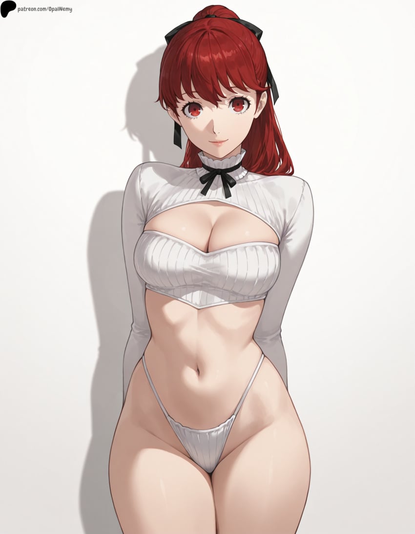 1girl 1girls ai_generated arms_behind_back bangs breasts cleavage_cutout closed_mouth hair_ribbon hi_res high_quality high_resolution highres kasumi_yoshizawa light light_smile lips long_hair long_sleeves looking_at_viewer medium_breasts midriff navel nose opal_nemy panties patreon_logo patreon_url patreon_username persona persona_5 plain_background red_eyes red_hair ribbon self_upload shadow shiny shiny_hair shiny_skin simple_background solo thighs turtleneck watermark white_background white_panties