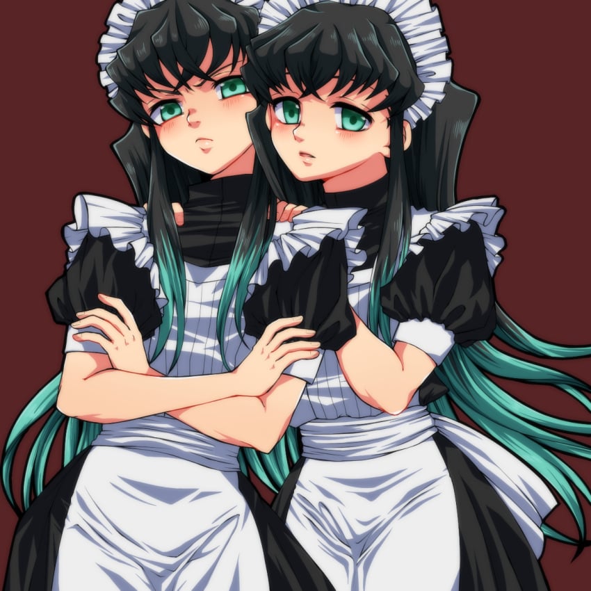 2boys alternate_costume androgynous angry annoyed apron arms_crossed black_hair blush brothers crossdressing crossed_arms demon_slayer femboy frown fully_clothed green_eyes kimetsu_no_yaiba long_hair long_hair_male looking_at_viewer maid_headdress maid_uniform male male_only muichiro_tokitou short_sleeves siblings twins two_tone_hair very_long_hair yuichiro_tokitou