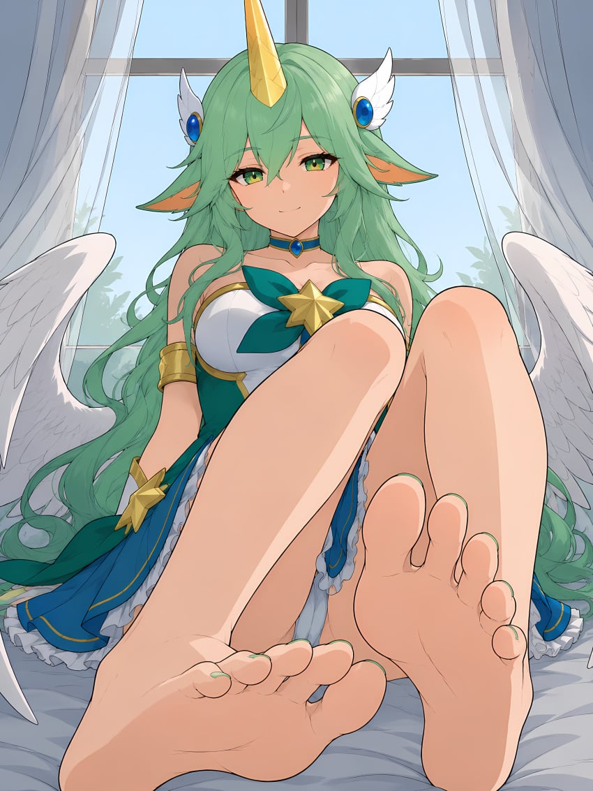 1girls ai_generated armlet bare_legs barefoot bed choker day dress elf_ears feathered_wings feet foot_fetish frilled_dress gloves green_eyes green_hair green_nails hair_ornament horn knees_up large_breasts league_of_legends long_hair looking_at_viewer nail_polish panties self_upload single_horn sitting smile soles solo soraka star_guardian_series star_guardian_soraka toes window wings