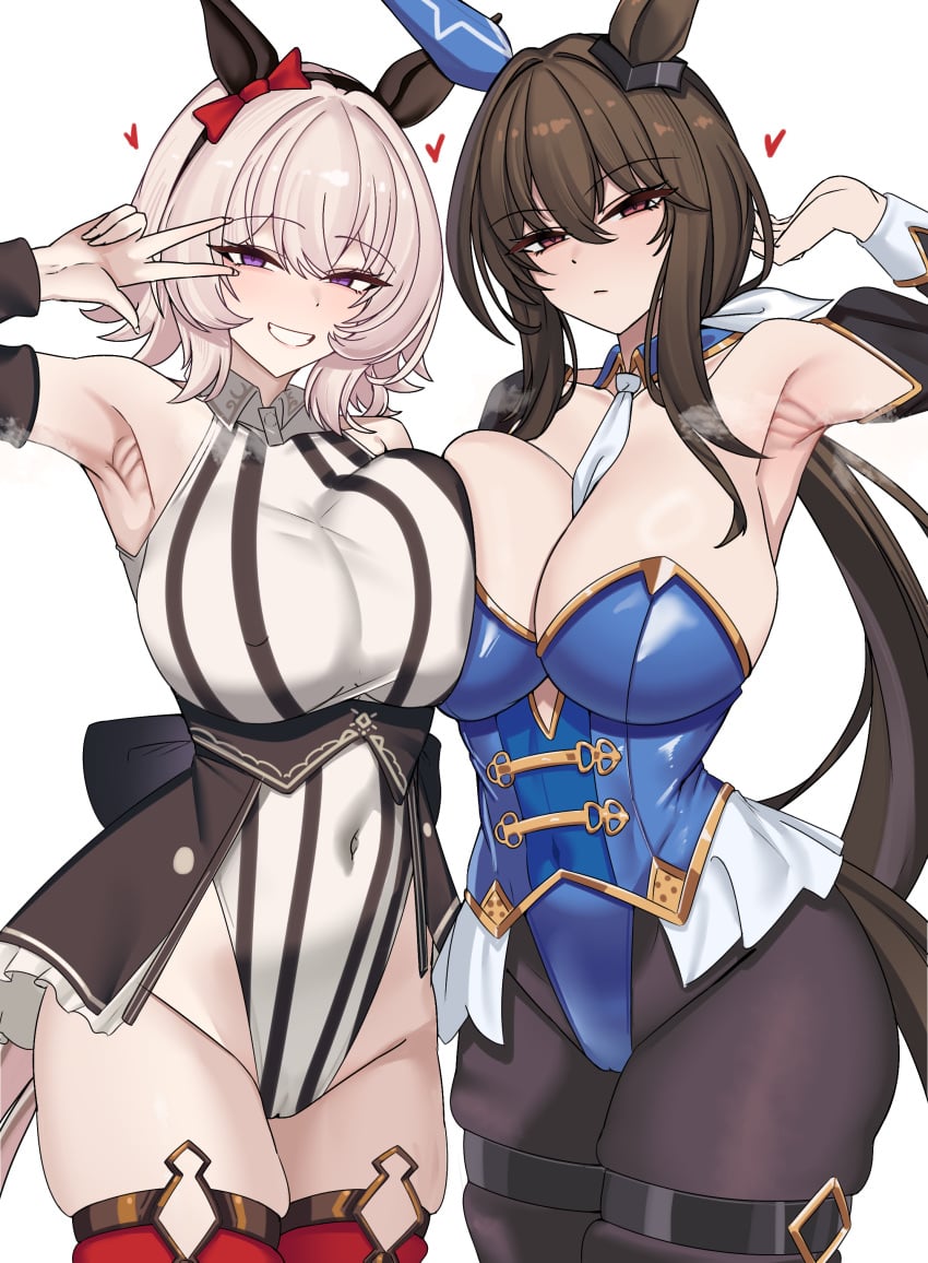 2girls admire_vega_(umamusume) animal_ears armpits big_breasts breasts brown_hair cameltoe cleavage curren_chan_(umamusume) detached_collar eyebrows_visible_through_hair female female_only hair_ribbon heart horse_ears horse_girl huge_breasts large_breasts lengkuass leotard long_hair looking_at_viewer navel_visible_through_clothes neutral_expression pantyhose ponytail purple_eyes short_hair skindentation smile tail thigh_squish thighhighs tied_hair umamusume umamusume_pretty_derby v white_hair