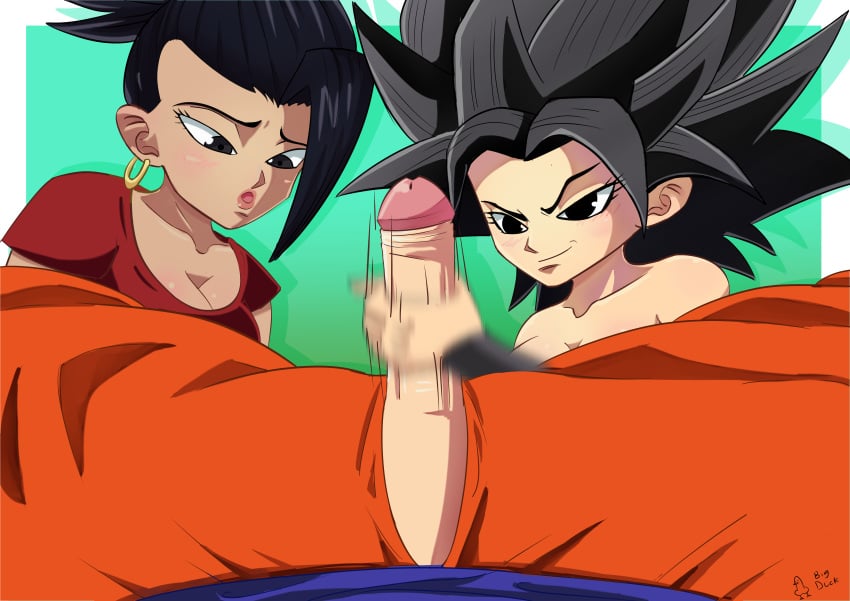 1boy 2girls bigduck caulifla dragon_ball dragon_ball_super female female_saiyan handjob kale male multiple_girls penis saiyan son_goku universe_6/universe_7 universe_6_saiyan/universe_7_saiyan