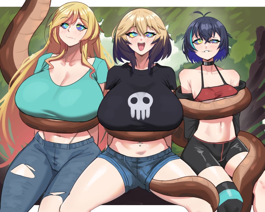 2025 ahoge alice_(keeperika) arms_behind_back big_breasts black_hair blonde_hair blush breast_size_difference breasts cassie_(keeperika) choker cleavage clothed clothing coiling coils commission crotch_rub disney erikaa femsub happy_trance hi_res huge_breasts hypnotic_eyes hypnotized kaa kaa_eyes konaloid long_hair looking_up medium_hair midriff multicolored_hair multiple_girls multiple_subs navel navel_piercing open_mouth original piercing restrained short_hair shorts sitting small_breasts smile snake tail the_jungle_book tongue two-tone_hair very_high_resolution