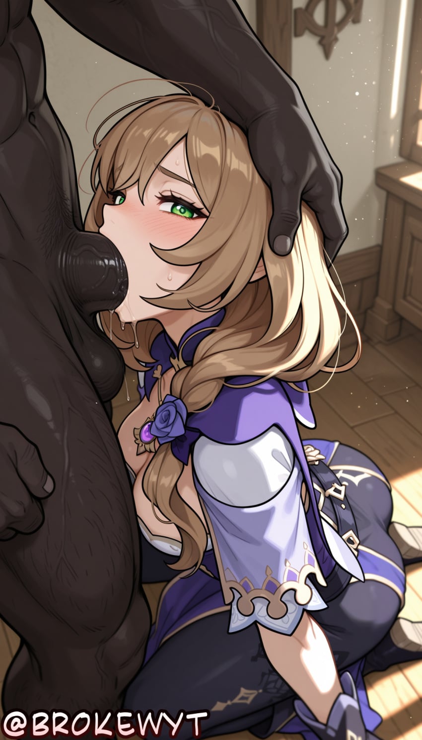 1boy 1girl ai_generated ass bangs blush breasts brokewyt brown_hair cleavage clothed_female_nude_male cuckold dark-skinned_male dark_skin dress erection fellatio flower genshin_impact gloves green_eyes hair_flower hair_ornament hand_on_another's_head hetero hi_res high_quality high_resolution highres hoyoverse indoors interracial kneeling large_breasts large_penis lisa_(genshin_impact) long_hair looking_at_viewer male_pubic_hair netorare nude oral penis saliva solo_focus sweat testicles uncensored veins veiny_penis watermark