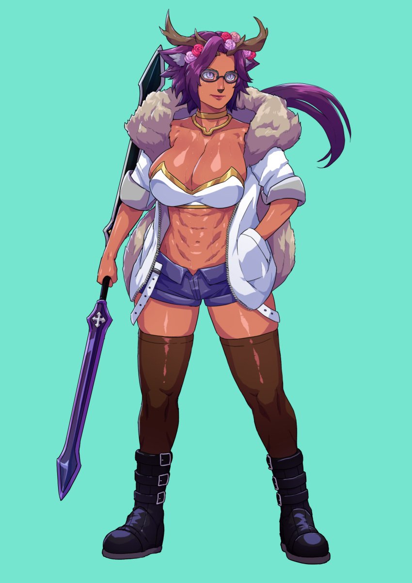 1girls abs antlers big_breasts cirenk cleavage dark-skinned_female dark_skin deer_ears deer_girl deer_horns female fit fit_female glasses gyaru_garou horns purple_hair sweat sweatdrop tan tan_skin tanned tanned_skin thick_thighs thighs toned toned_female virtual_youtuber vtuber