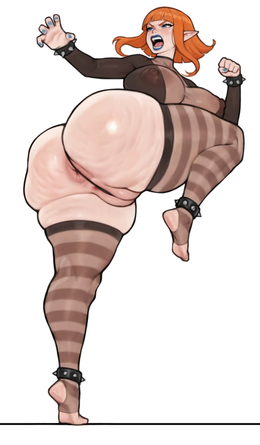 1girls ass blue_lipstick blue_nail_polish blue_nails cellulite fat_ass female female_only huge_ass huge_breasts jefferson_ulisses leg_lift partially_visible_vulva plump_ass pointy_ears red_hair short_hair solo thick thick_ass thick_thighs