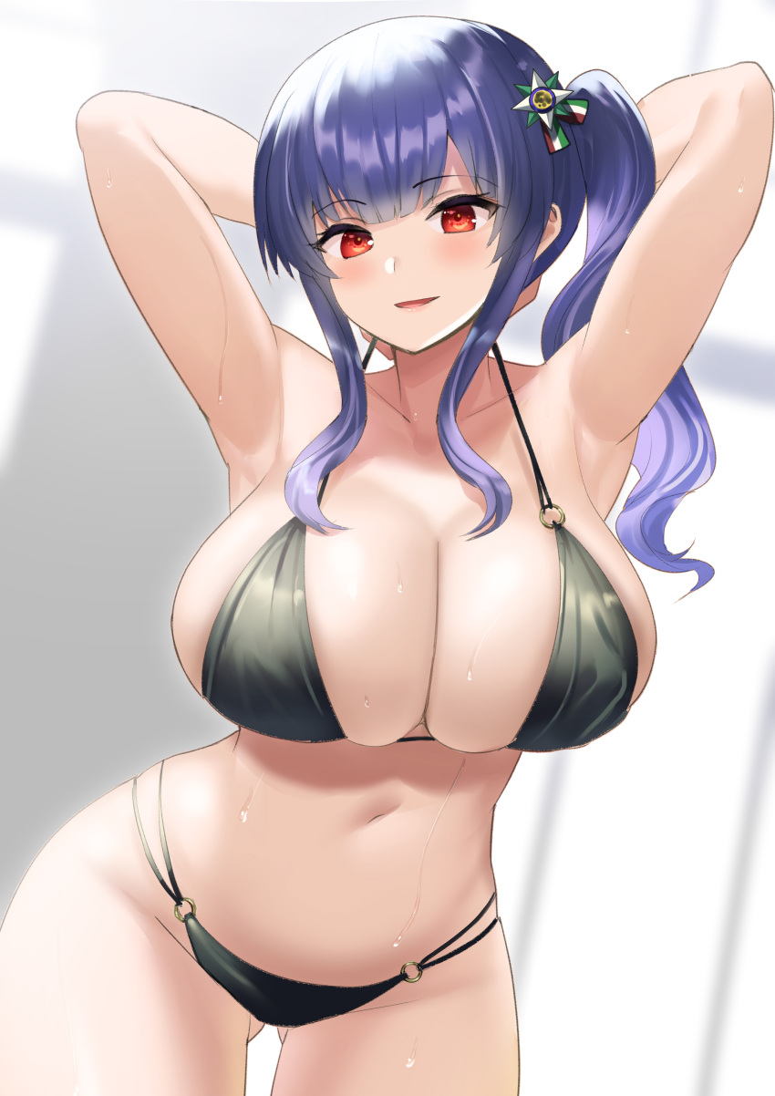 1girls armpits azur_lane belly big_breasts bikini blush female hands_behind_head large_breasts looking_at_viewer mu-nyako navel pola_(azur_lane) purple_hair red_eyes side_ponytail swimsuit thighs wet_skin