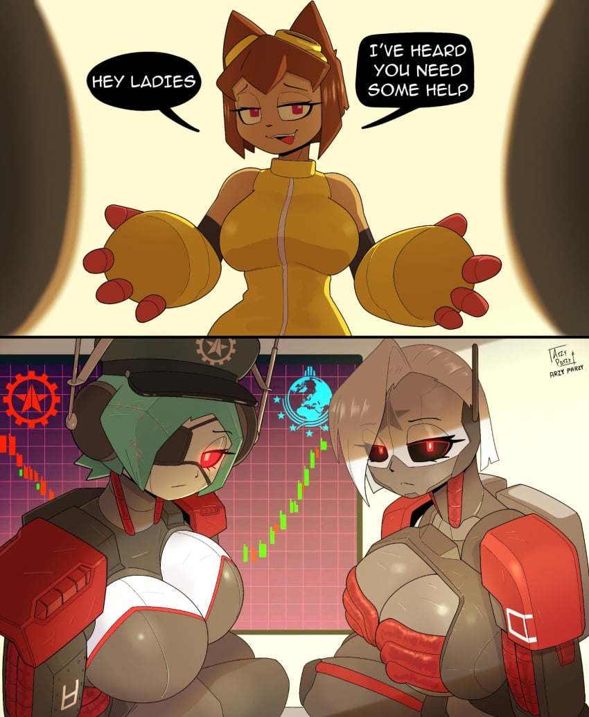 2026 2d 2d_(artwork) 3girls anthro anthro_female anthro_only artist_logo artist_name arzyparzy automaton_(helldivers) beige_body beige_skin big_boobs big_breasts boobs breasts brown_hair cat_girl catgirl clothed clothing commissar-chan_(arzyparzy) commissar_(helldivers_2) cute dialogue digital_drawing_(artwork) digital_media_(artwork) female female_focus female_only furry furry_female furry_only gameoverse glitch_productions gloves half-closed_eyes helldivers helldivers_(series) helldivers_2 hi_res highres hot kit_(gameoverse) kit_bodega looking_at_another metallic_body metallic_skin pink_eyes red_eyes robot robot_girl sexy teeth text text_bubble trio turquoise_hair watermark white_hair wholesome