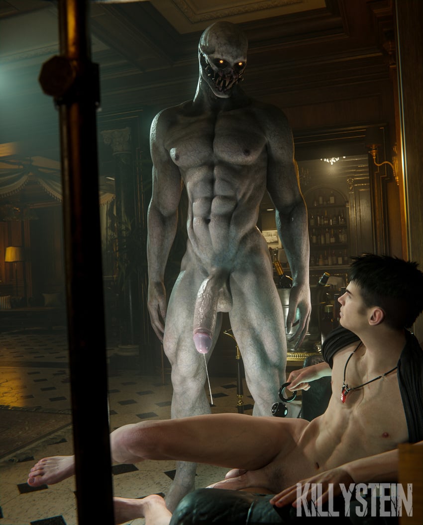 3d 3d_(artwork) abs almost_naked almost_nude anal_beads bar_(place) big_penis capcom completely_nude dante_(devil_may_cry) dante_(dmc:_devil_may_cry) devil_may_cry_(series) dmc:_devil_may_cry gay gay_male glowing_eyes gray_skin grey_body killystein large_penis long_penis looking_at_another male male_focus male_only monster monster_on_human monster_on_male muscular muscular_legs muscular_male necklace non-human_head nude nude_male penis penis_out precum precum_drip precum_string regenerador resident_evil resident_evil_4 resident_evil_4_remake toned toned_body toned_male toned_stomach
