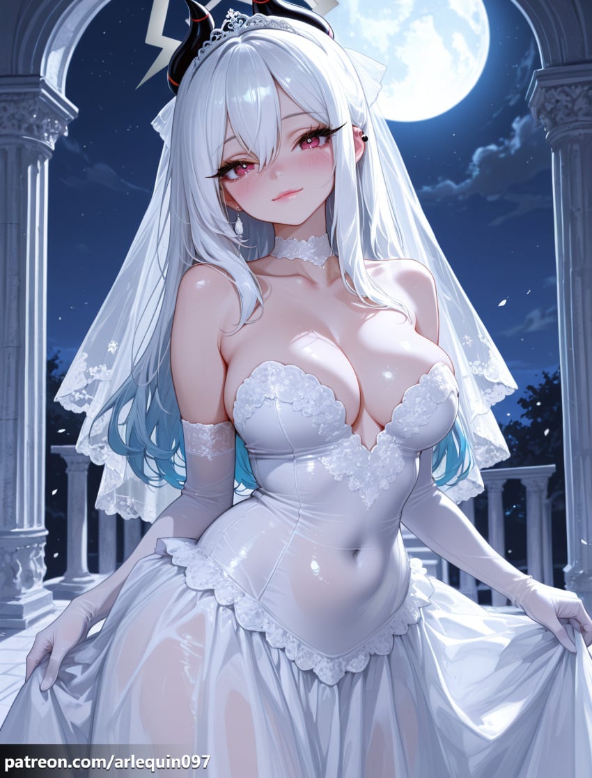 1girl ai_generated arch arlequin097 bare_shoulders black_horns blue_archive blush breasts bridal_veil bride choker cleavage closed_mouth collarbone column covered_navel cowboy_shot demon_girl demon_horns dress ear_piercing earrings elbow_gloves full_moon gloves gradient_hair hair_between_eyes halo horns jewelry kayoko_(blue_archive) large_breasts long_hair looking_at_viewer moon multicolored_hair night night_sky outdoors piercing pillar red_eyes see-through skirt_hold sky smile solo strapless strapless_dress tiara veil wedding_dress white_choker white_dress white_gloves white_hair