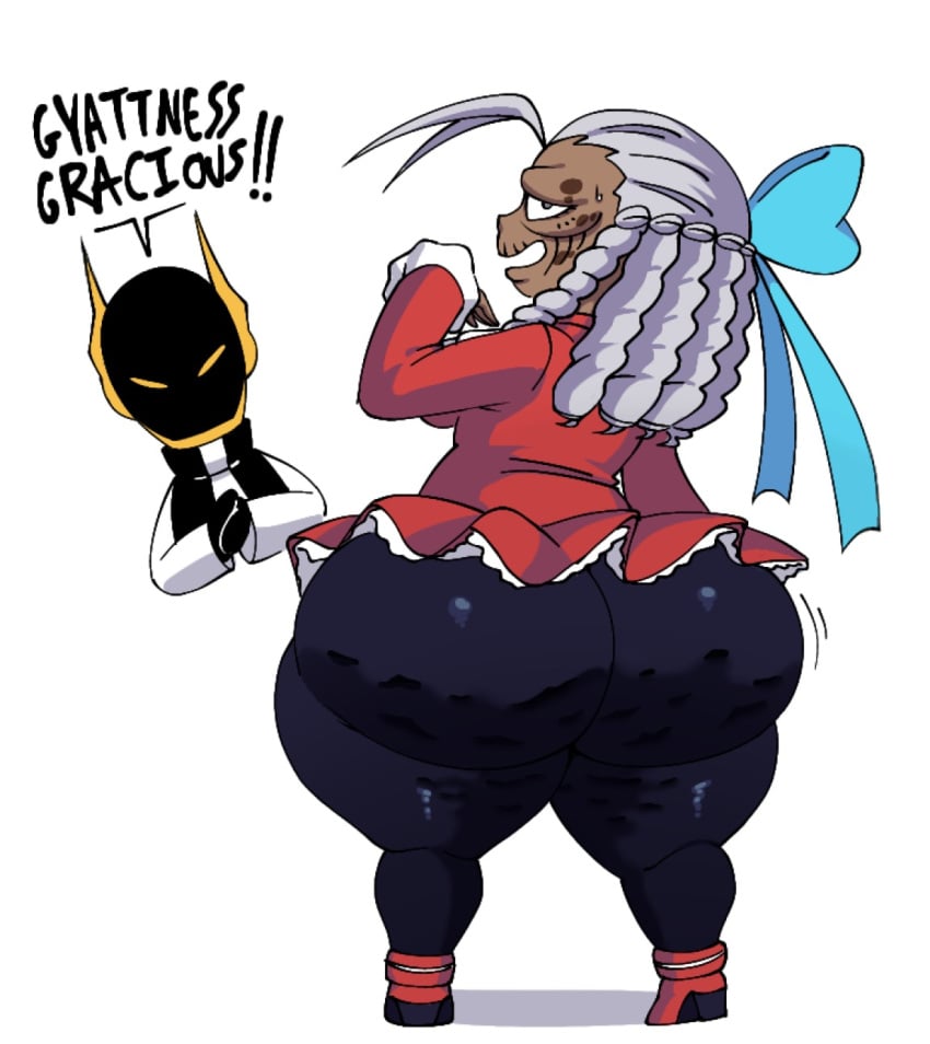 1boy 1girls ass_focus back_view bbw big_ass caked_up cellulite dress_up elderly_female enya_geil fat_ass from_behind gilf grandmother granny gray_hair jojo's_bizarre_adventure long_hair oc older_female shortstack smib stardust_crusaders text thick_thighs wrinkled_ass