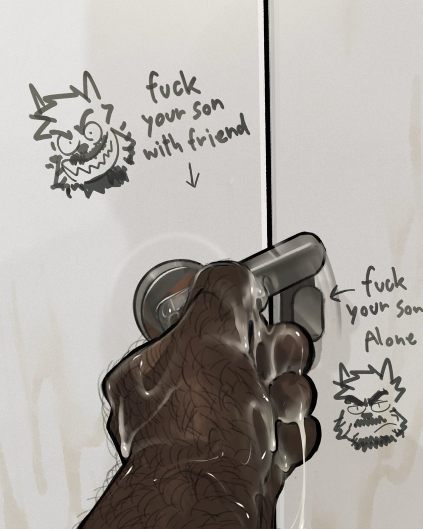 2026 4:5 absurd_res anthro arm_hair beard bodily_fluids body_hair canid canine canis close-up cum cum_on_hand directional_arrow domestic_dog door english_text eyebrows facial_hair father_(lore) fred_(kenkudog) frown fur genital_fluids graffiti hair hairy hand_hair hi_res humanoid_hands incest_(lore) kenkudog lock male mammal motion_blur motion_lines parent_(lore) profanity smile solo stated_incest text