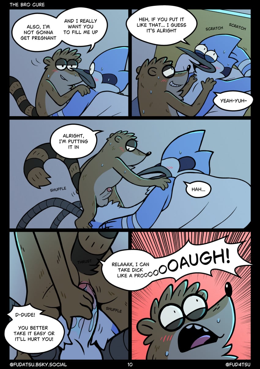 anal anal_penetration anthro avian balls bed bird blue_jay blush blush_lines bodily_fluids cartoon_network comic corvid dialogue duo english_text erection fudatsu furniture genitals hand_on_chest hi_res jay_(bird) male male/male mammal markings mordecai_(regular_show) nervous nervous_sweat new_world_jay on_bed oscine overconfident painful_penetration passerine penetration penis pillow power_bottom procyonid raccoon regular_show rigby_(regular_show) scar screaming smug_grin speech_bubble striped_markings striped_tail stripes surgical_suture sweat tail tail_markings text