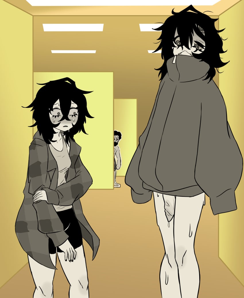 1futa 1girls backrooms backrooms_creature bklo grandfather_clock hatsune_miku larp larping looping_the_rooms_(vocaloid) monster monster_girl mv_character nervous nervous_sweat penis_awe penis_under_clothes selfcest size_difference still_life sweat unusual_anatomy vocaloid worried