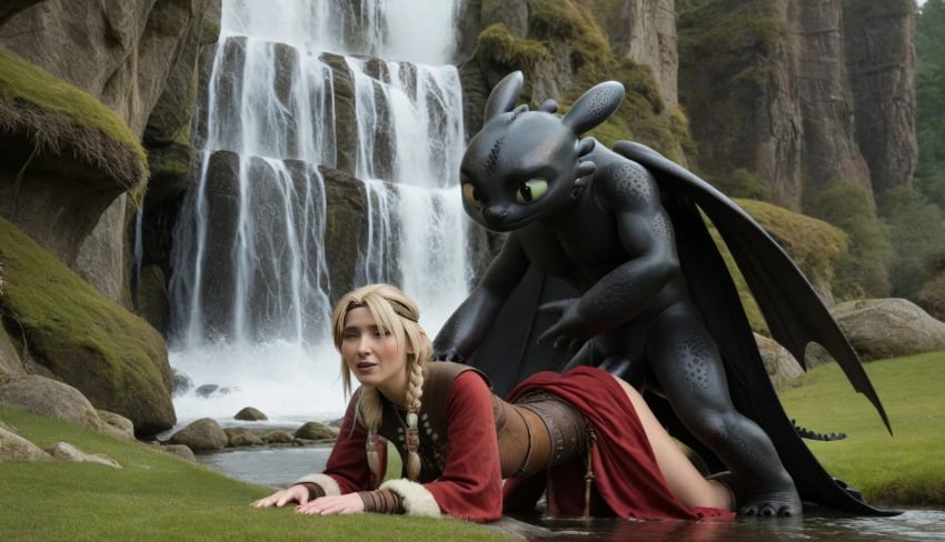 1animal 1girls ai_generated astrid_hofferson blonde blonde_female blonde_hair blonde_hair_female dracophilia dragon dreamworks female how_to_train_your_dragon light-skinned_female light_skin night_fury toothless woman zoophilia