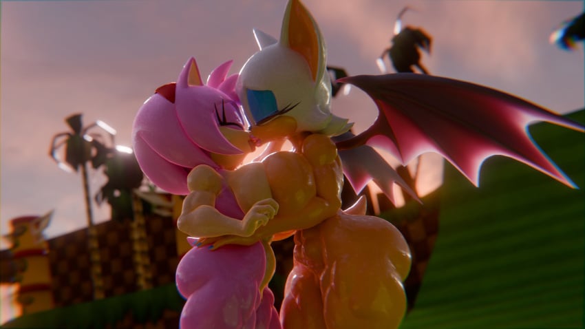 2girls 3d amy_rose anthro diag34k kissing muscular_female rouge_the_bat sonic_(series) symmetrical_docking yuri