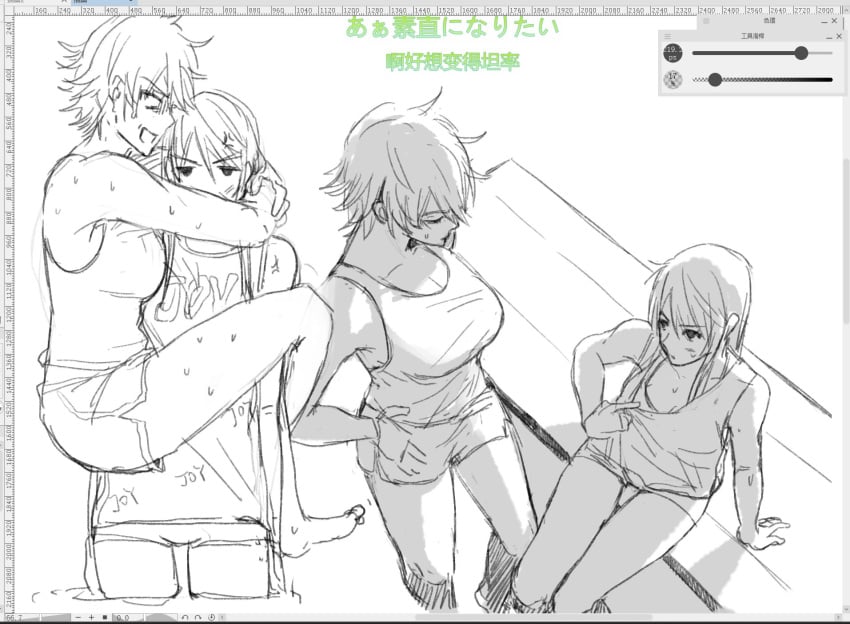 2girls alternate_costume big_breasts canon_genderswap female female_only fully_clothed genderswap_(mtf) ginko_sakata gintama gintoki_sakata katsura_kotarou long_hair monochrome rule_63 short_hair shorts sketch sketch_page sweat tank_top yuri