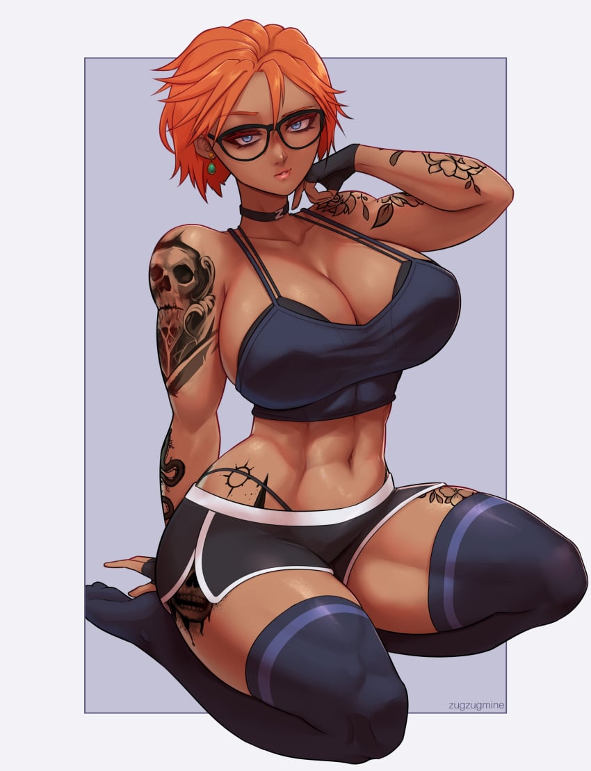 abs absurd_res bare_shoulders biceps big_breasts blue_eyes curvy ginger ginger_hair glasses muscular muscular_female orange_hair solo solo_female solo_focus tattoo thick_thighs thighhighs zugzugmine