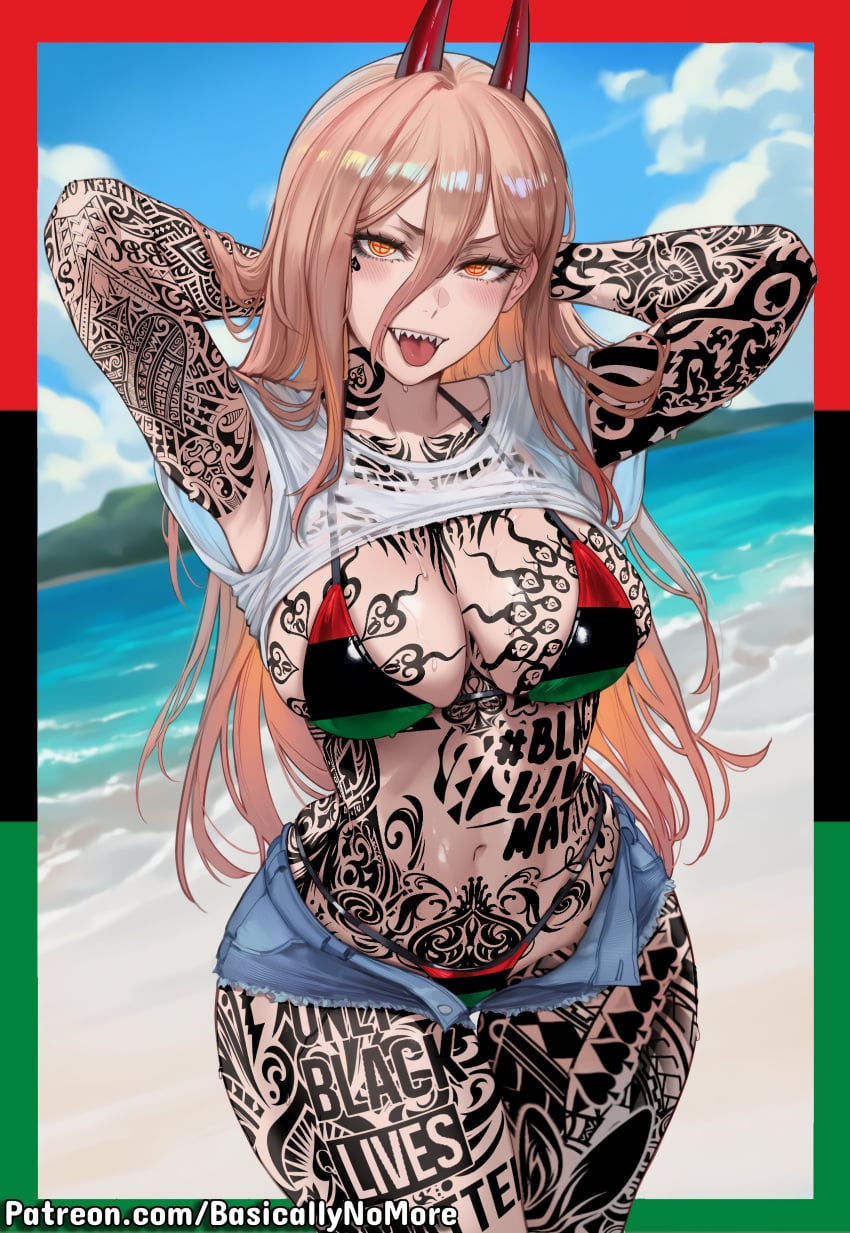 1girl ai_generated anime basicallynomore blacked chainsaw_man female female_only looking_at_viewer pan-african_flag_bikini pan_african_colors power_(chainsaw_man) pubic_tattoo qos qos_tattoo queen_of_spades queen_of_spades_symbol queen_of_spades_tattoo tattoo tattoos white_skin