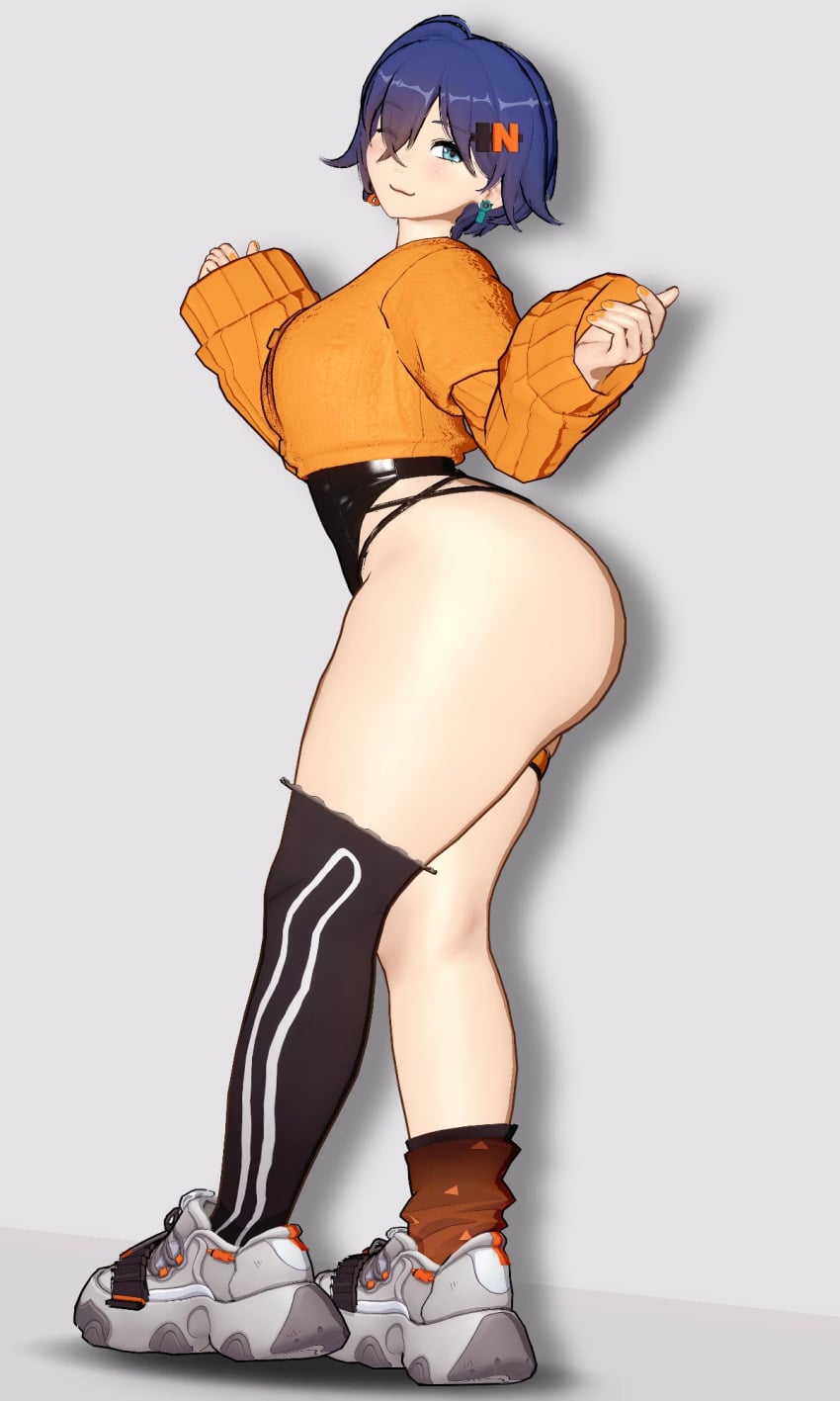 1girl 3d 3d_(artwork) :3 alternate_body_type asymmetrical_legwear belle_(zenless_zone_zero) big_ass blue_eyes blue_hair colored_nails earrings hair_ornament hoyoverse huge_ass huge_thighs koikatsu leotard mihoyo orange_nails orange_sweater painted_nails rinkatsu short_hair sideview sneakers sneakers_without_bottomwear solo solo_female sweater thick_thighs zenless_zone_zero