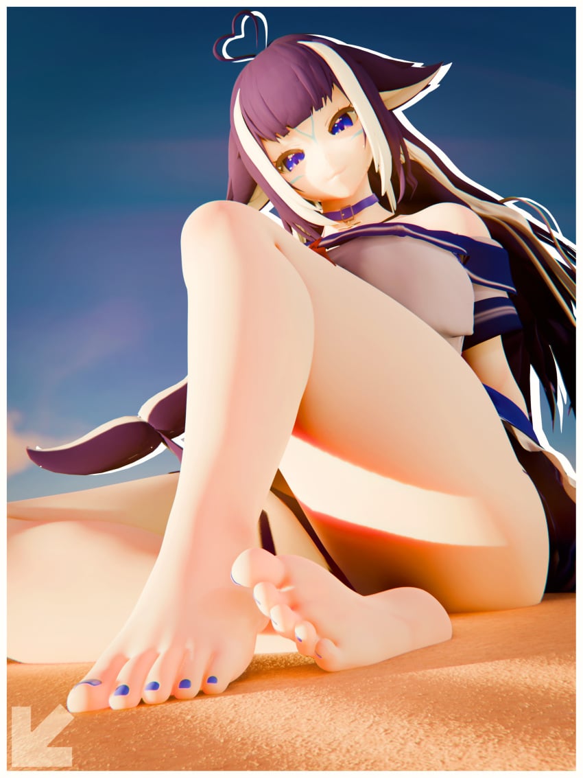 1girl 3d 3d_art 3d_render animal_ears barefoot beach black_hair blue_sky blue_toenails breasts choker cleavage clothing cloud collar explicit feet female high_angle highres large_breasts monster_girl ocean open_clothes open_shirt orca_ears orca_girl orca_tail outdoors painted_toenails purple_eyes purple_hair sailor_shirt sailor_uniform sand sea shylily sitting sky sole solo tail toes twitch visiuun vtuber water_reflection whale_tail white_hair