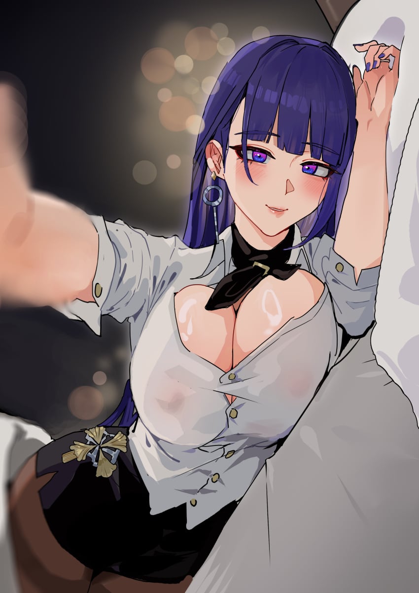 1girls absurd_res cleavage female haat honkai_(series) honkai_impact_3rd hoyoverse hvvt large_breasts light-skinned_female light_skin lying_on_bed mihoyo office_lady on_side raiden_mei smile yi_zhi_ai_xi