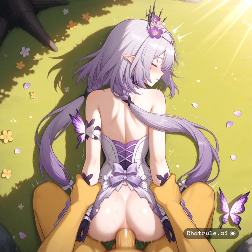 1girl ai_assisted ai_generated anal anal_sex arms_held_behind_back arms_pulled_back asleep blushing butterfly doggystyle embarrassed eyes_closed flower hair_flower hypno outdoors passed_out perky_tits petals pointy_ears prone_bone purple_eyes rough_sex sleeping thick_cock twintails