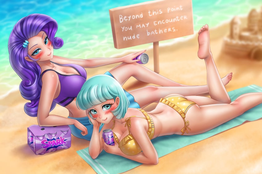 2girls beach bikini blue_hair blush breasts cleavage coco_pommel equestria_girls female friendship_is_magic hasbro hi_res highres human humanized light_blue_hair my_little_pony nude_beach purple_hair racoonkun rarity_(mlp) smooth_skin sunbathing