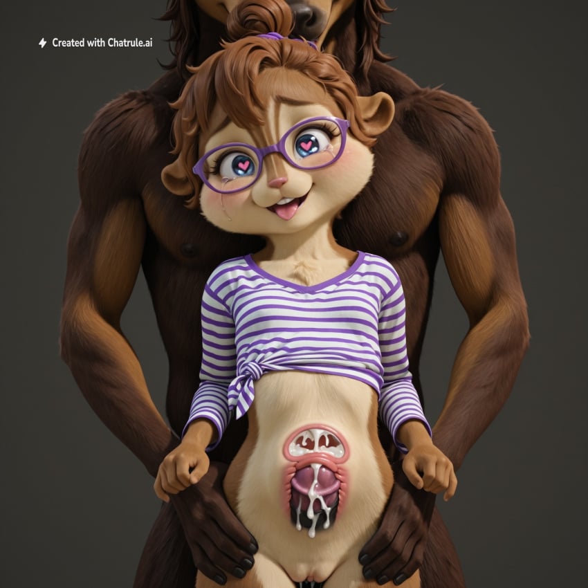 1boy 1girl 1girls 3d ai_assisted ai_generated alvin_and_the_chipmunks blue_eyes blushing brown_fur brown_hair cervix_penetration chipmunk cum cum_in_pussy cum_in_uterus cum_inside cum_inside_pussy cute_expression female female_penetrated from_behind_position furry hair_bun horse_penis inside looking_at_viewer male male/female male_penetrating male_penetrating_female nude perfect_pussy pink_nose purple_glasses realistic sex simple_background skinny smile stomach_bulge striped_shirt tan_fur tongue_out upper_body vaginal_penetration xray_view
