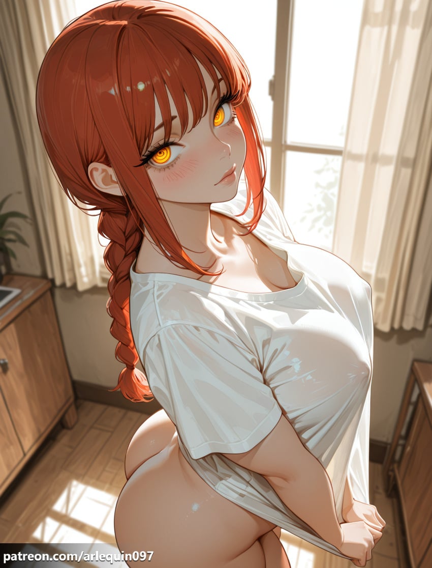 1girl ai_generated arched_back arlequin097 artist_name ass blush bottomless braid braided_ponytail breasts chainsaw_man cleavage closed_mouth clothes_pull collarbone covered_nipples curtains day from_above from_side huge_ass indoors large_breasts lips long_hair looking_at_viewer makima_(chainsaw_man) naked_shirt no_panties patreon_logo patreon_username red_hair ringed_eyes see-through see-through_shirt see-through_silhouette shirt shirt_pull shirt_tug short_sleeves sidelocks solo sunlight thighs web_address white_shirt window wooden_floor yellow_eyes