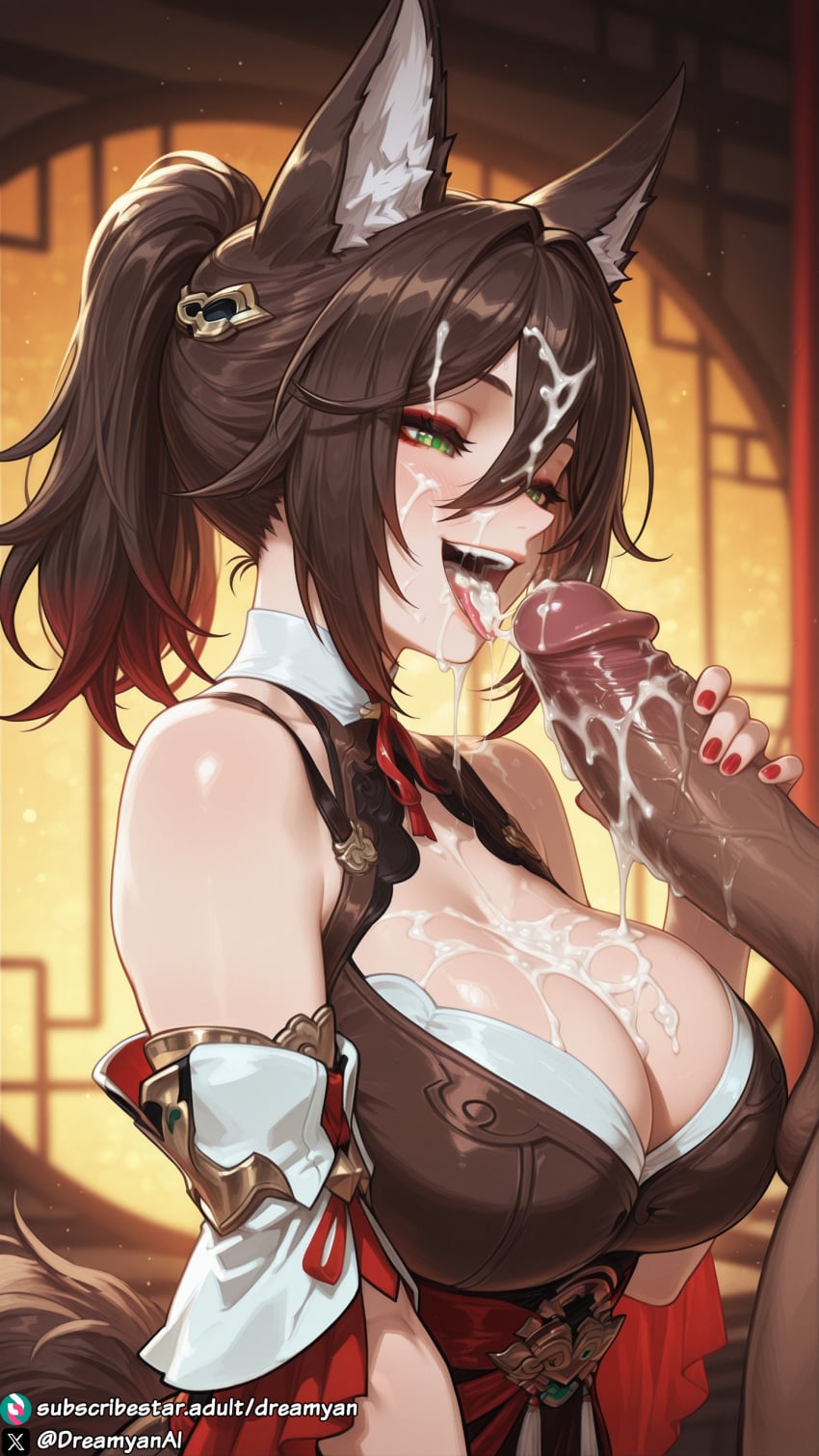 1girls after_fellatio after_oral after_sex ai_generated animal_ear_fluff animal_ears big_breasts big_penis blowjob breasts brown_hair bukkake clothed clothed_female clothed_female_nude_male clothed_sex cum cum_in_mouth cum_on_face cum_on_hair curvy curvy_body curvy_female dark-skinned_male dark_skin dreamyan_ai excessive_cum facial fellatio fox_ears fox_girl fox_tail green_eyes hi_res high_quality high_resolution highres honkai:_star_rail interracial large_breasts licking licking_penis medium_hair open_mouth oral oral_sex ponytail seductive seductive_eyes seductive_look seductive_mouth seductive_pose seductive_smile smile smiling thick_ass thick_thighs thighs tingyun_(honkai:_star_rail) tongue tongue_out uncensored